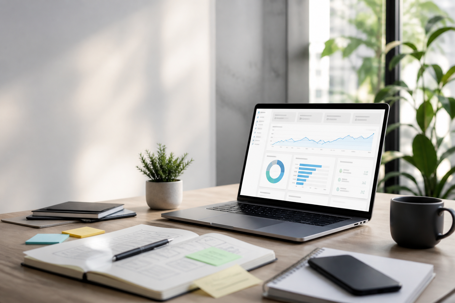 SEO analytics dashboard displayed on a workspace laptop
